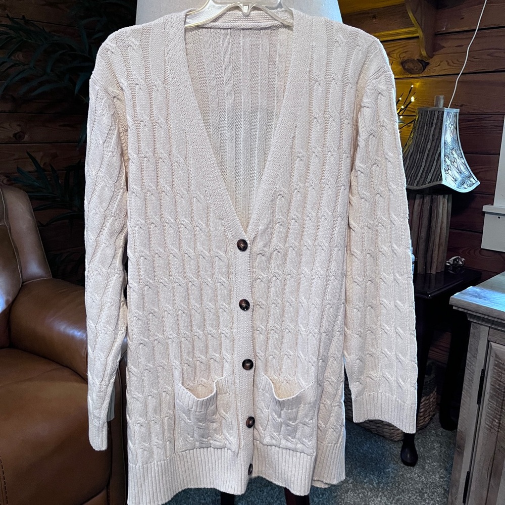 Light Cream 4x(60”B x 30”L)Cable Knit Button-Front Long Cardigan